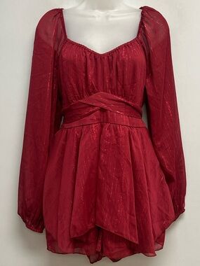 Altar’d State Burgundy Metallic Shimmer Long Sleeve Romper Size Medium